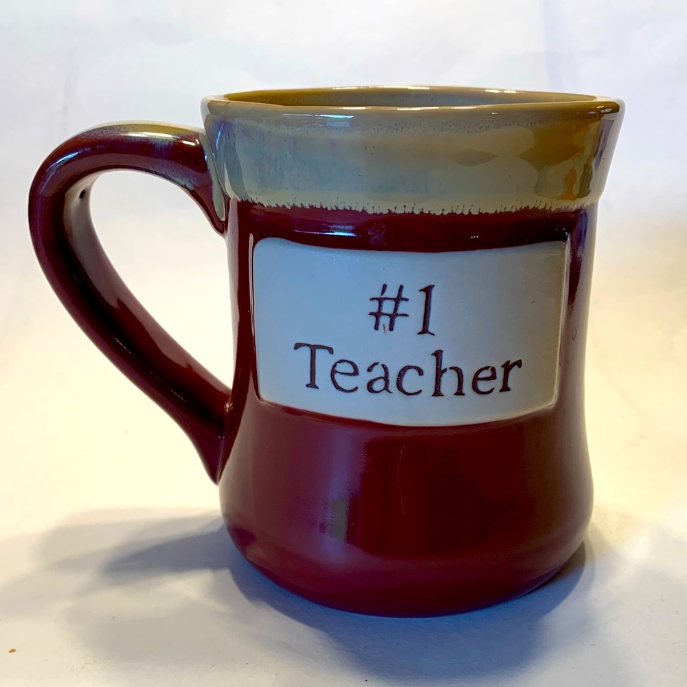 Tumbleweed Pottery brand “#1 Teacher” mug.